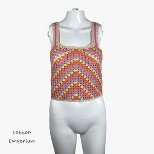 Cotton Emporium Women's Crop Crochet Tank Top in Multi Size XS Boho Casual